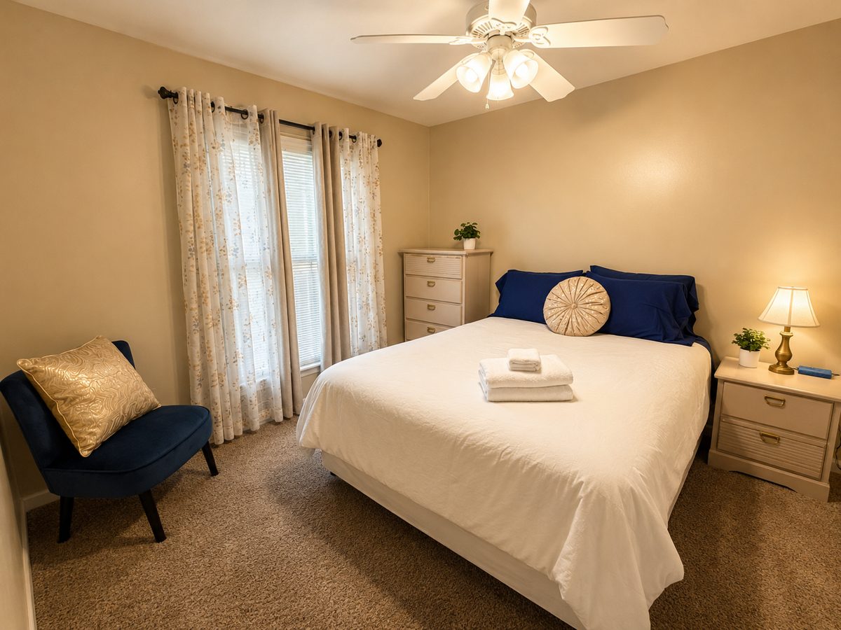 Upstairs bedroom with queen bed and navy accents